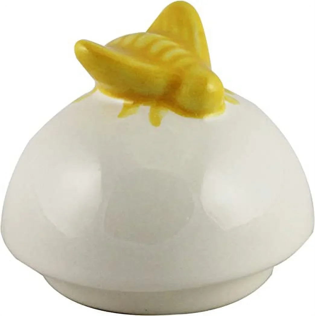 Rae Dunn Ceramic HONEY Pot Ivory with Midnight LL Letters Yellow Bee on Lid and Wooden Dipper Kitchen