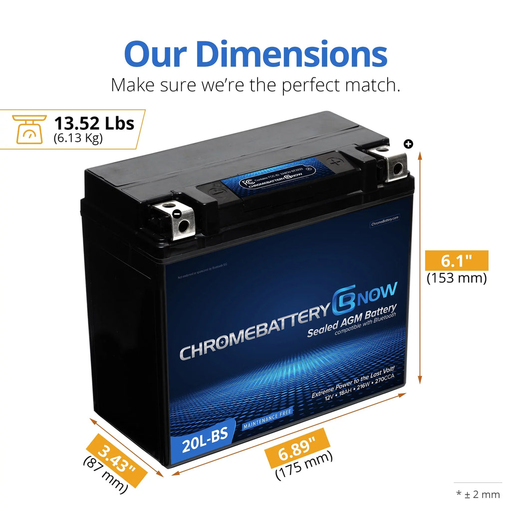 Chrome Battery Now Ytx20l-bs (20l-bs 12 Volt,18 Ah, 270 Cca) Intelligent Wireless Smartphone Connectivity AGM Battery for Personal Watercraft - Brp (sea-doo) 1500 All Models Years (1988 - 1993)