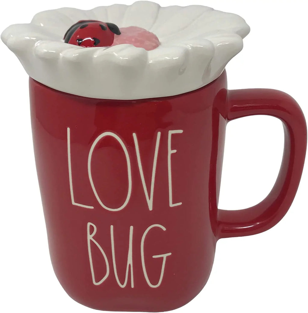 Rae Dunn by Magenta Love Bug Red Ceramic Mug with White Top and Red Ladybug Charcoal LL Letters Valentine's Day