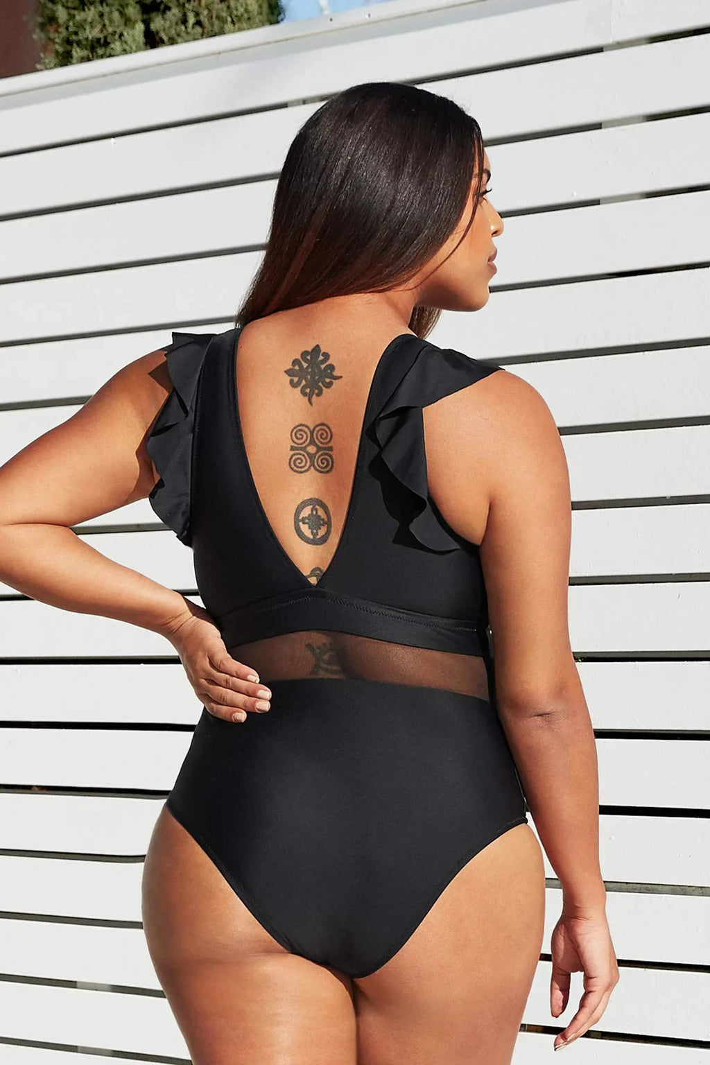 Cupshe Women's Plus Size One Piece Dark V Neck Ruffle Mesh Bathing Suit, XXXXL