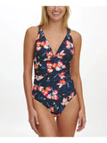 TOMMY HILFIGER Women's Navy Floral Removable Cups Lined Deep V Neck Strappy One Piece Swimsuit 16