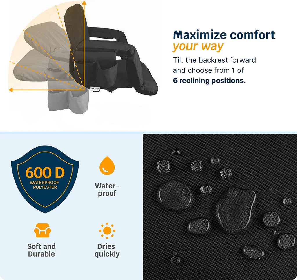 Alpcour X-Wide Heated Massage Reclining Stadium Seat - Extra Thick Waterproof Chair with Wide Back Support - Onyx