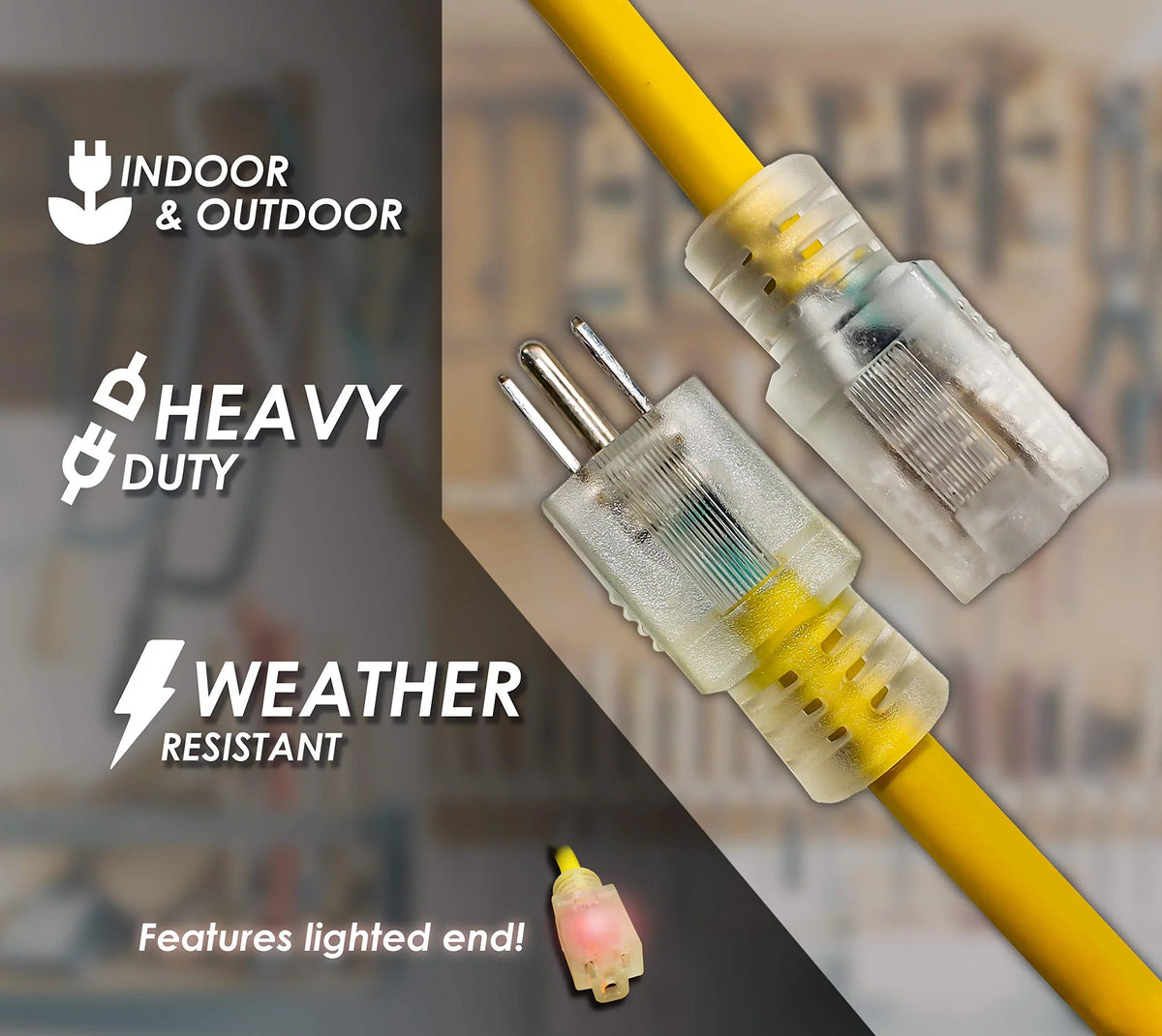 LifeSupplyUSA 100 ft Yellow Extension Cord - Durable Outdoor & Indoor Use, 16 Gauge, 3 Prong, Lighted, Flexible, Oil & Abrasion Resistant, 10 AMP, 125V, 1250W, Smart Plug Compatible.