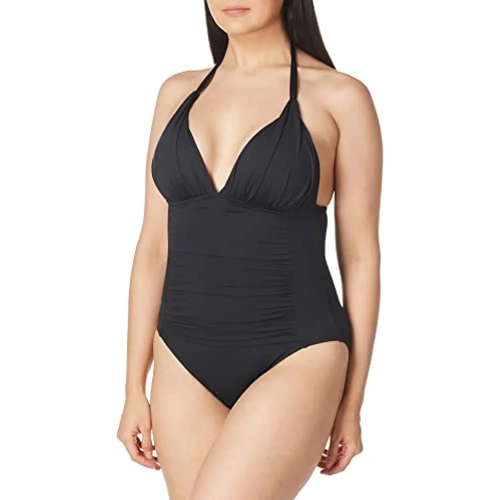 La Blanca Women's Standard Island Goddess V-Neck Halter Mio One Piece Swimsuit, Charcoal 4