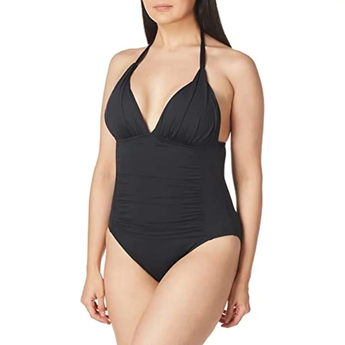 La Blanca Women's Standard Island Goddess V-Neck Halter Mio One Piece Swimsuit, Charcoal 4
